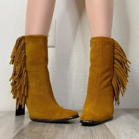 90s Fringe Square Toe Heeled Boots Tan Suede Western Predictions 7 1/2 - Picture 3 of 11